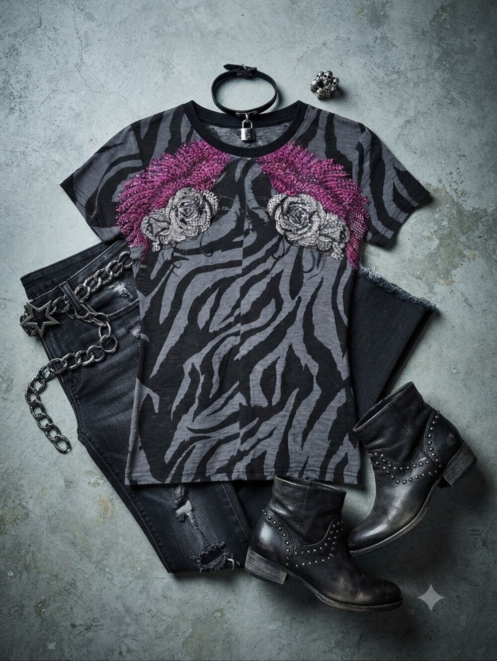 ​Panhandle Slim Rock & Roll Cowgirl Zebra Rhinestone Wing Rose T-Shirt